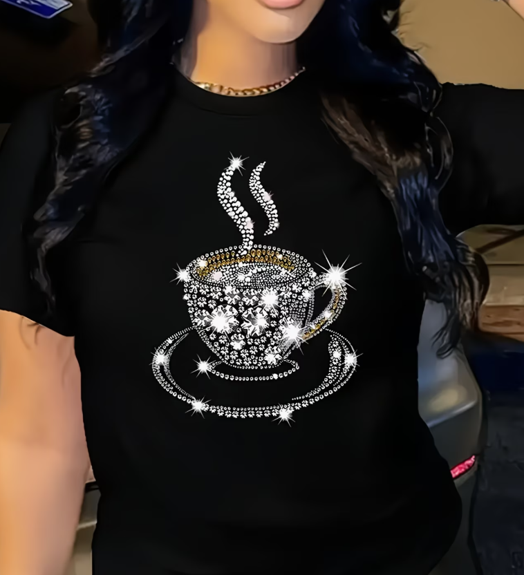 Coffee Tea Name - Women Rhinestone Coffee Cup T Shirt