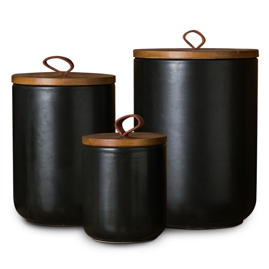Coffee Tea And Sugar Set - Black Ceramic Canister Set with Wooden