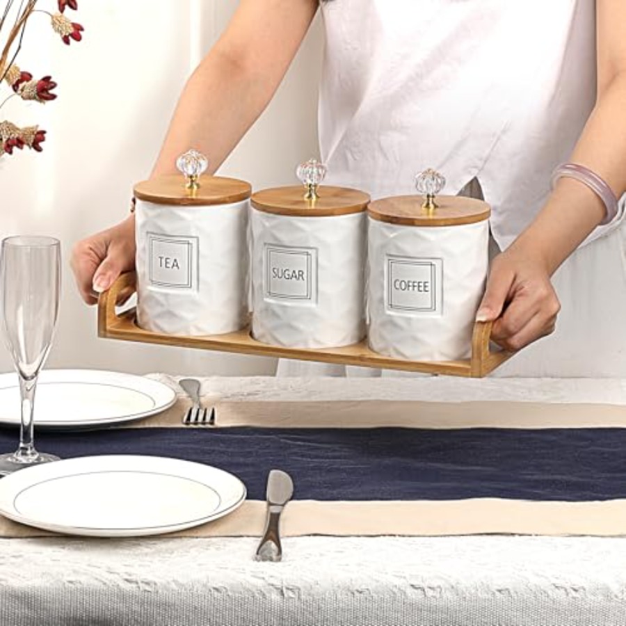 Set of 3 Ceramic Canisters Set - Coffee Tea And Sugar Set 评论和价格